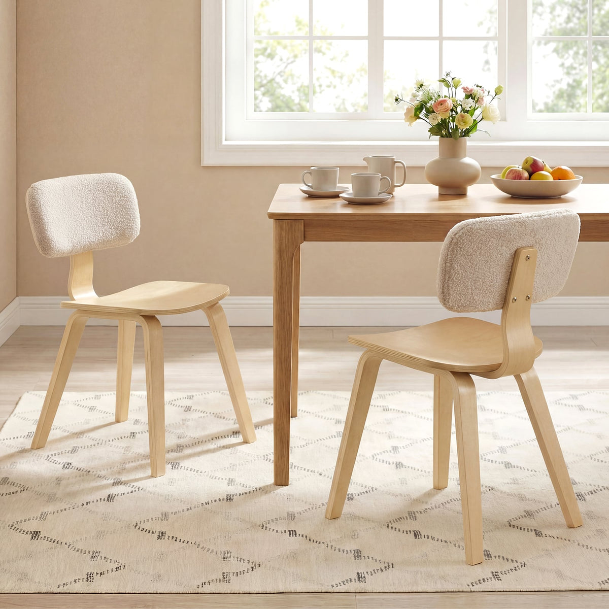 Set of 2 Rubber Wood Dining Room Chairs with Teddy Velvet Padded Backrest-Natural-Dining Chairs-DECOROLALA