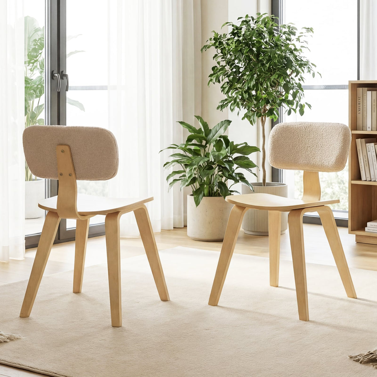 Set of 2 Rubber Wood Dining Room Chairs with Teddy Velvet Padded Backrest-Natural-Dining Chairs-DECOROLALA