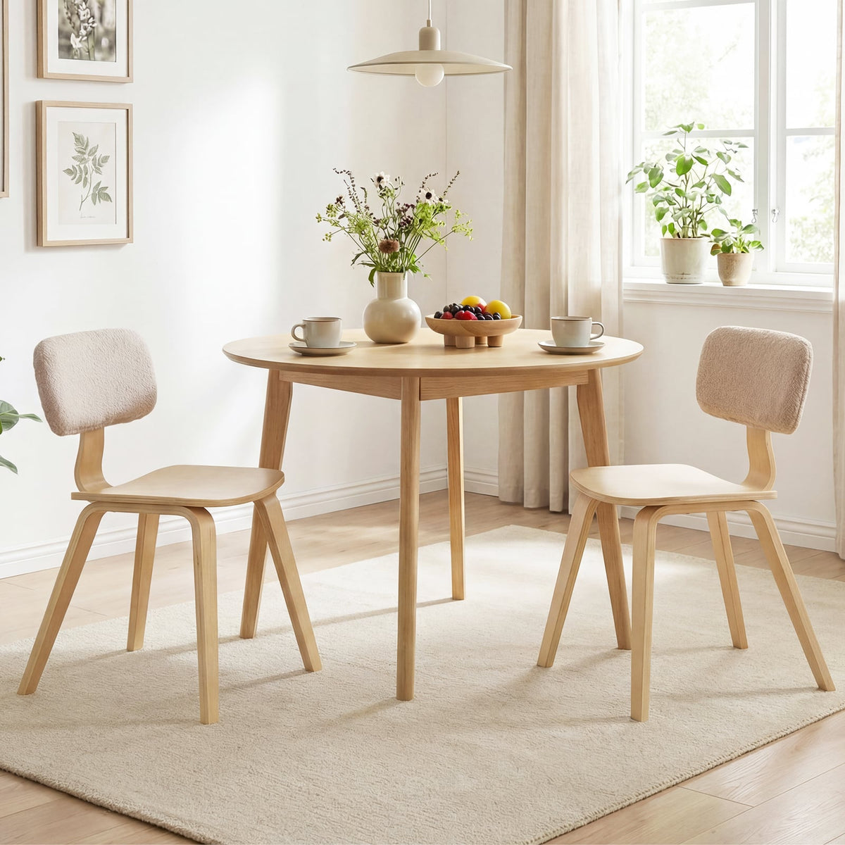 Set of 2 Rubber Wood Dining Room Chairs with Teddy Velvet Padded Backrest-Natural-Dining Chairs-DECOROLALA