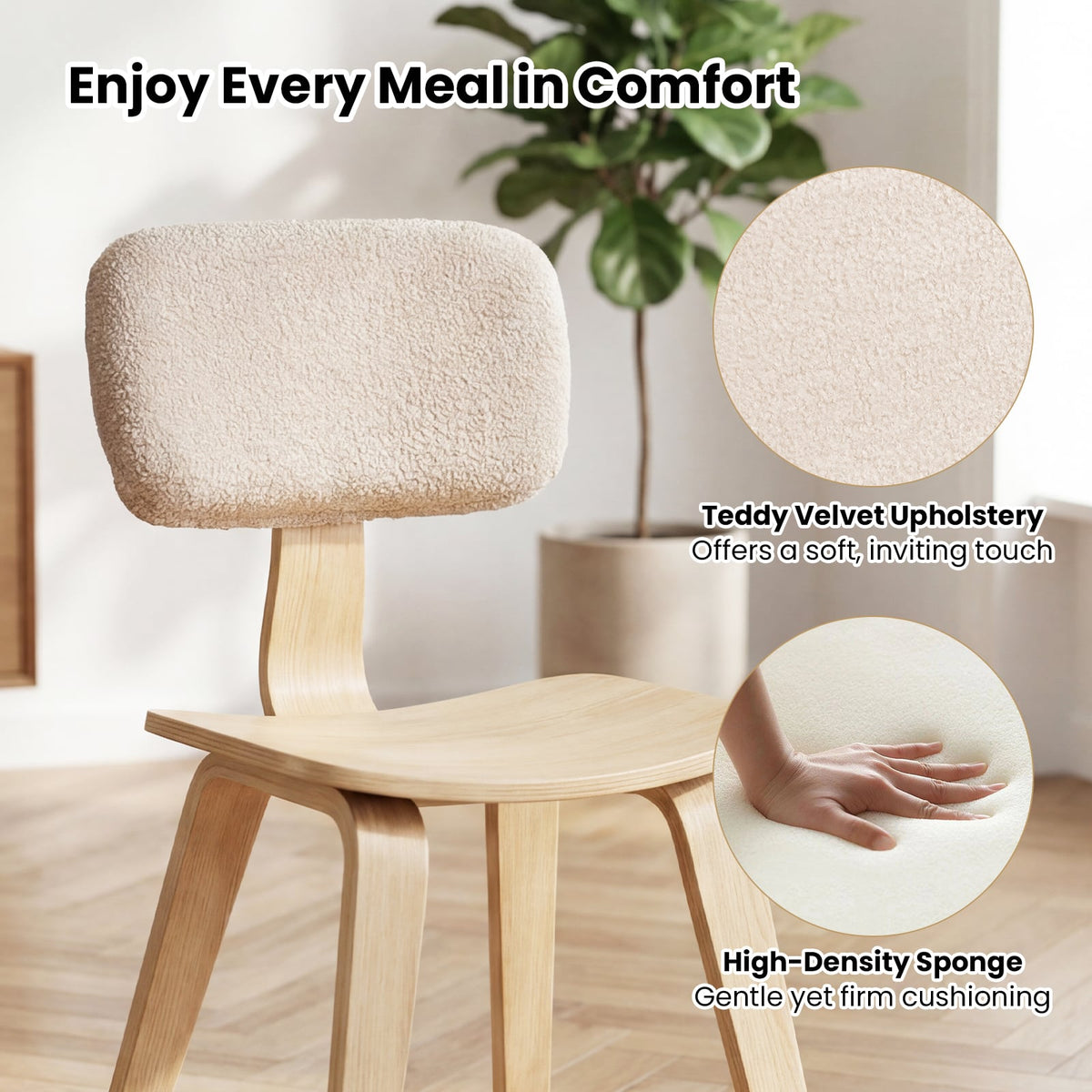 Set of 2 Rubber Wood Dining Room Chairs with Teddy Velvet Padded Backrest-Natural-Dining Chairs-DECOROLALA