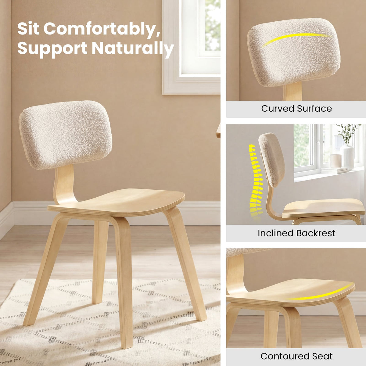Set of 2 Rubber Wood Dining Room Chairs with Teddy Velvet Padded Backrest-Natural-Dining Chairs-DECOROLALA