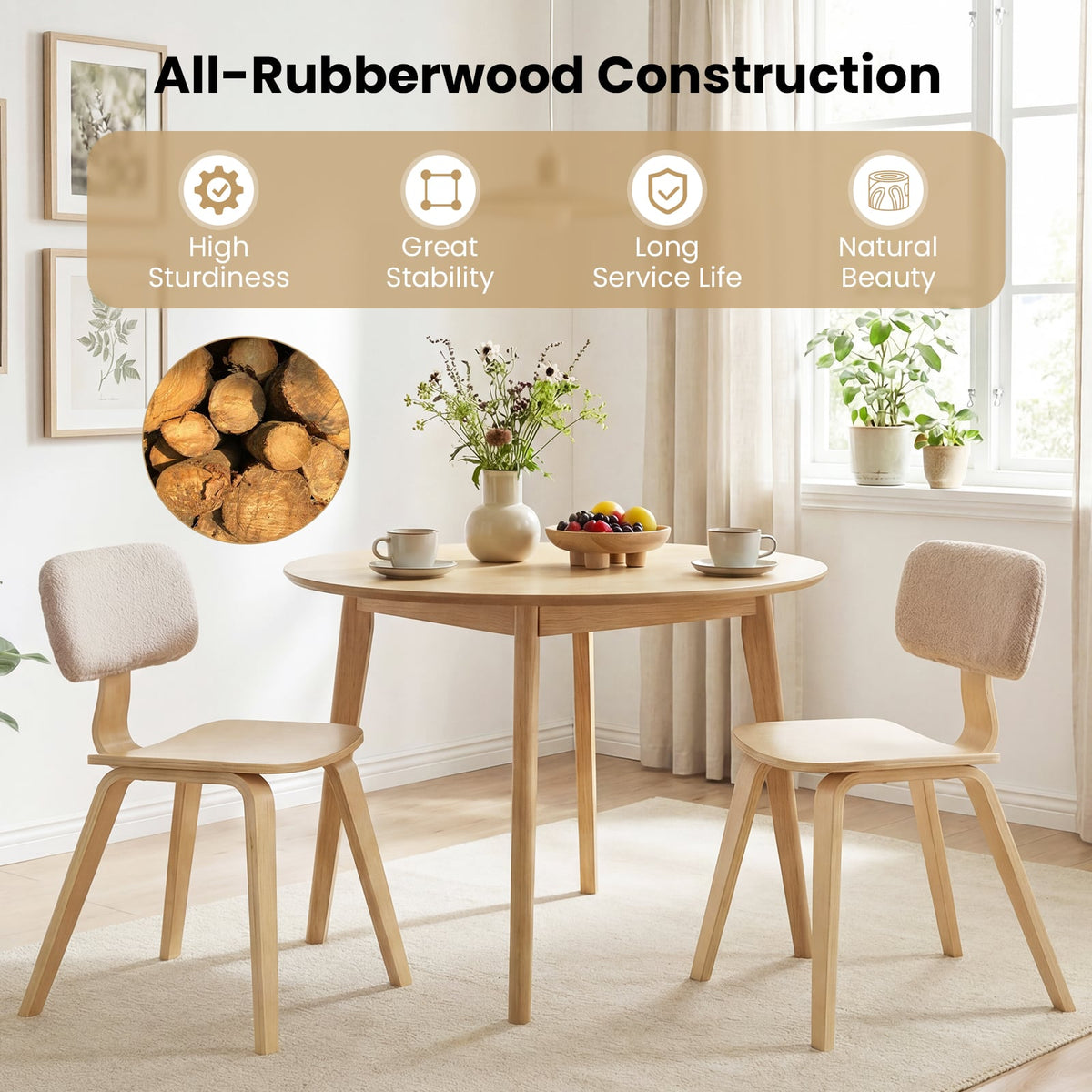 Set of 2 Rubber Wood Dining Room Chairs with Teddy Velvet Padded Backrest-Natural-Dining Chairs-DECOROLALA