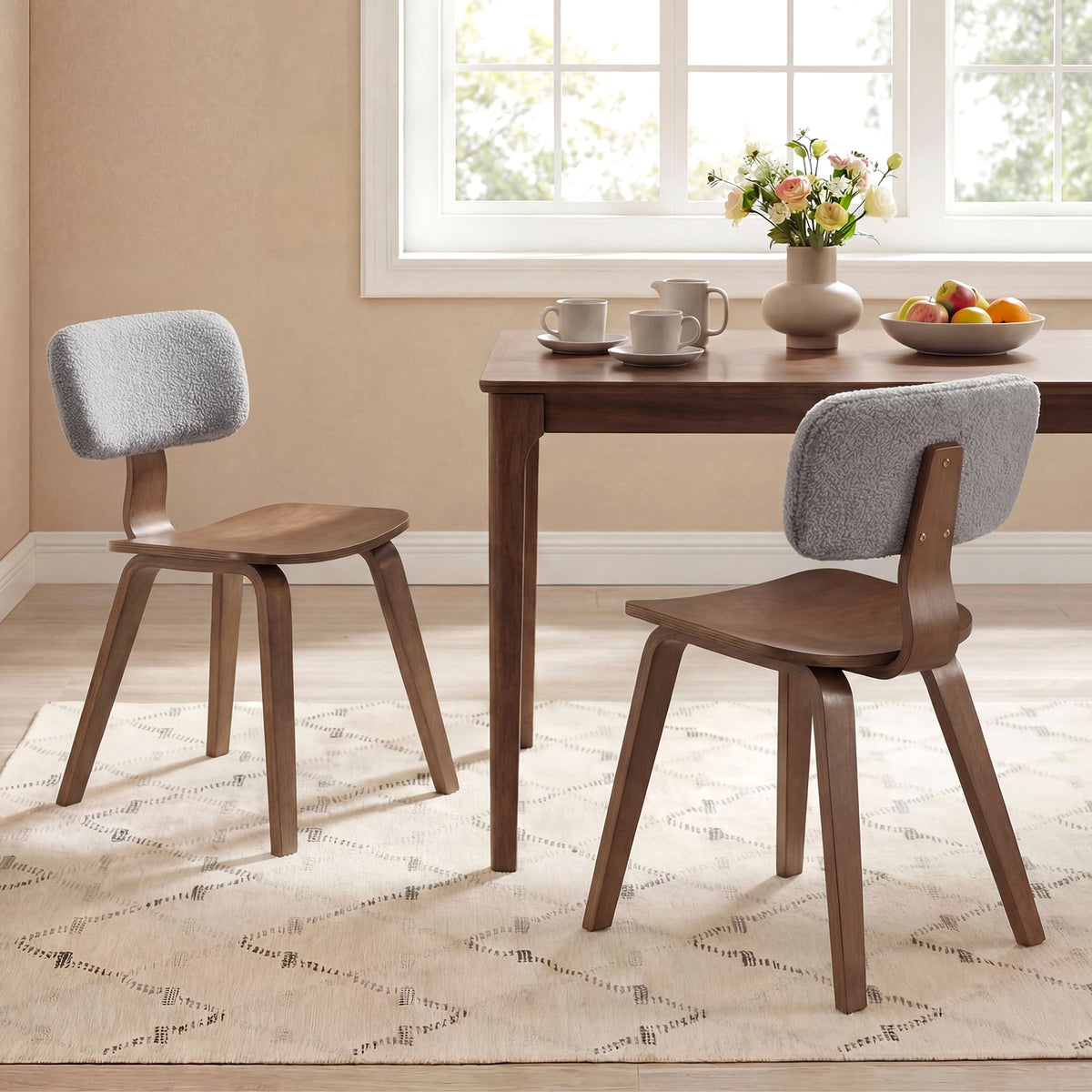 Set of 2 Rubber Wood Dining Room Chairs with Teddy Velvet Padded Backrest-Walnut-Dining Chairs-DECOROLALA