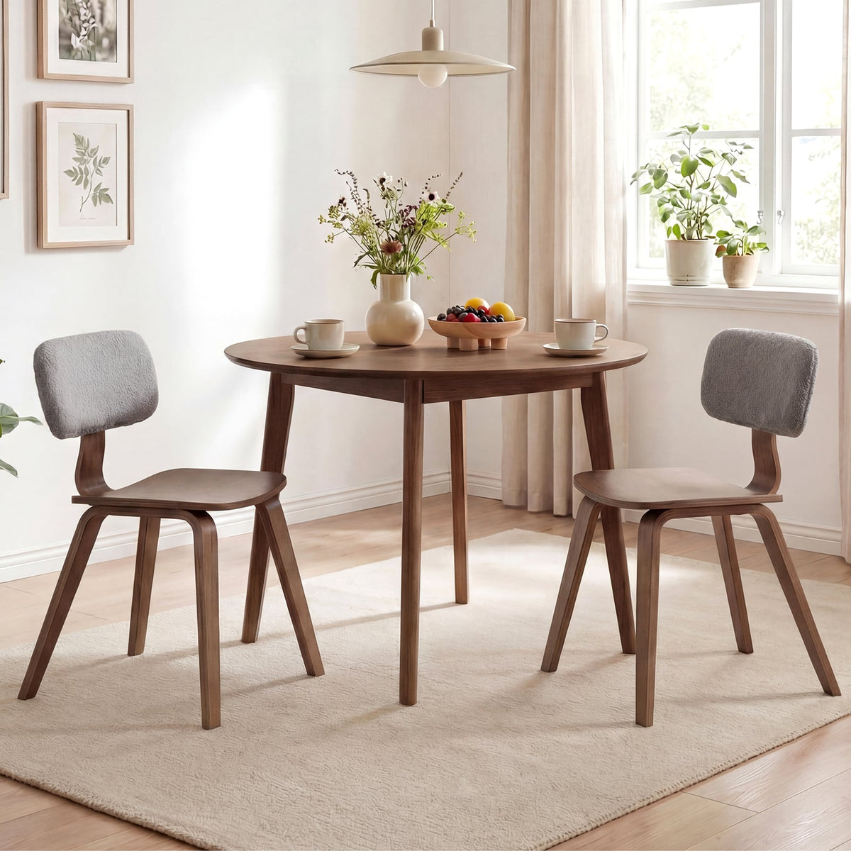 Set of 2 Rubber Wood Dining Room Chairs with Teddy Velvet Padded Backrest-Walnut-Dining Chairs-DECOROLALA