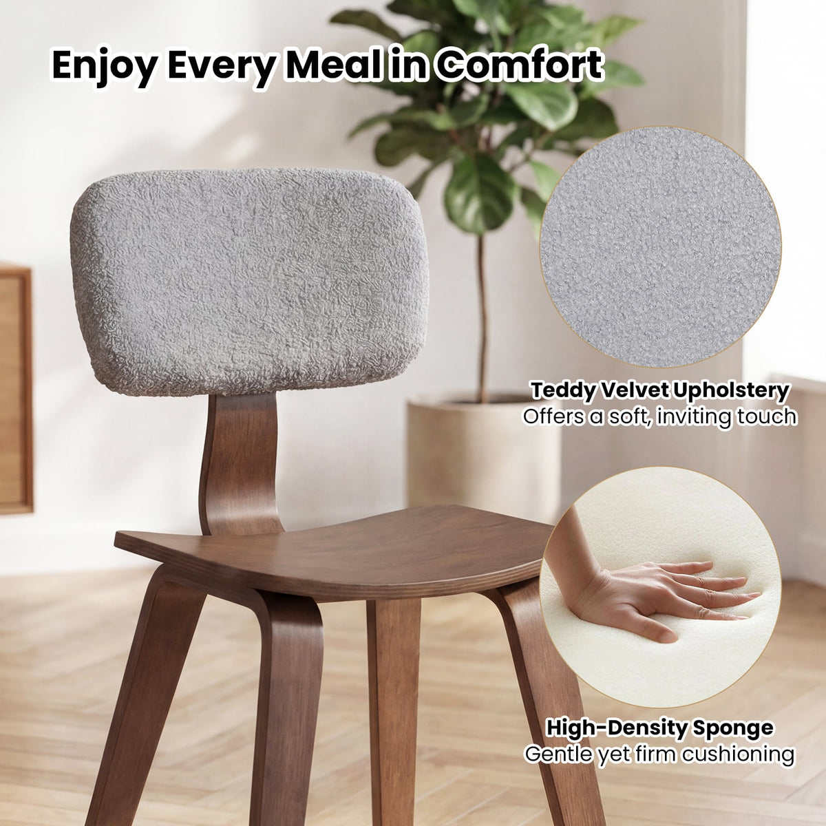 Set of 2 Rubber Wood Dining Room Chairs with Teddy Velvet Padded Backrest-Walnut-Dining Chairs-DECOROLALA