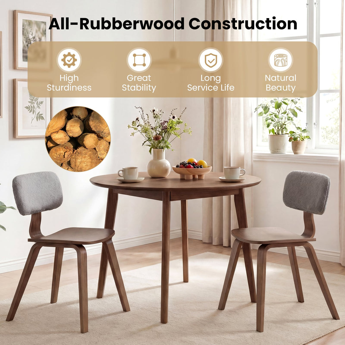 Set of 2 Rubber Wood Dining Room Chairs with Teddy Velvet Padded Backrest-Walnut-Dining Chairs-DECOROLALA