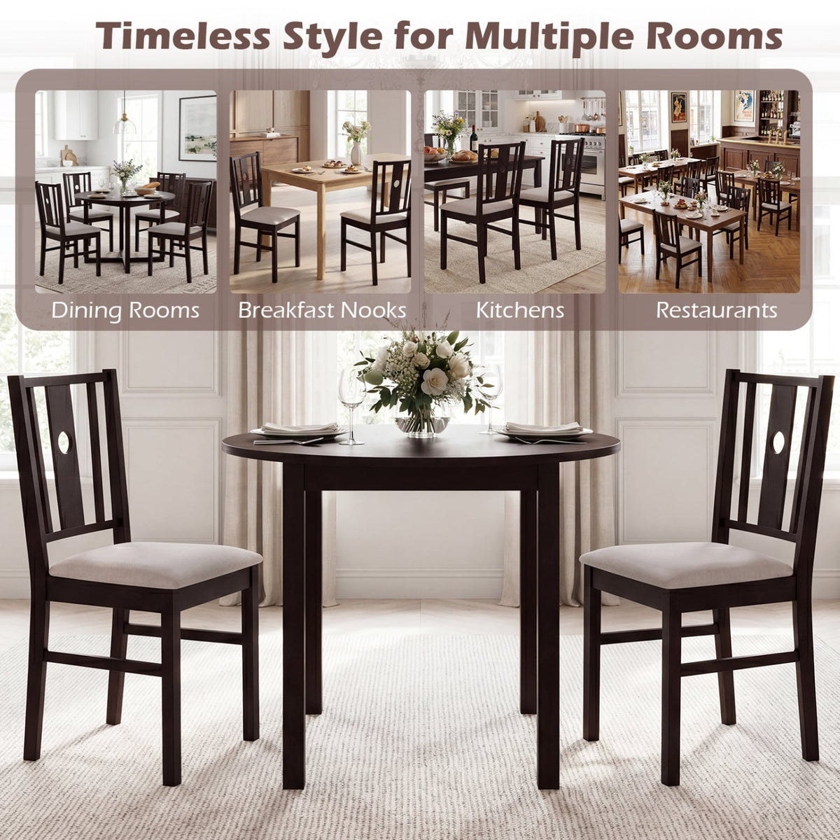 Set of 2 Rubber Wood Kitchen Chairs with Fabric Padded Seat -Coffee-Dining Chairs-DECOROLALA