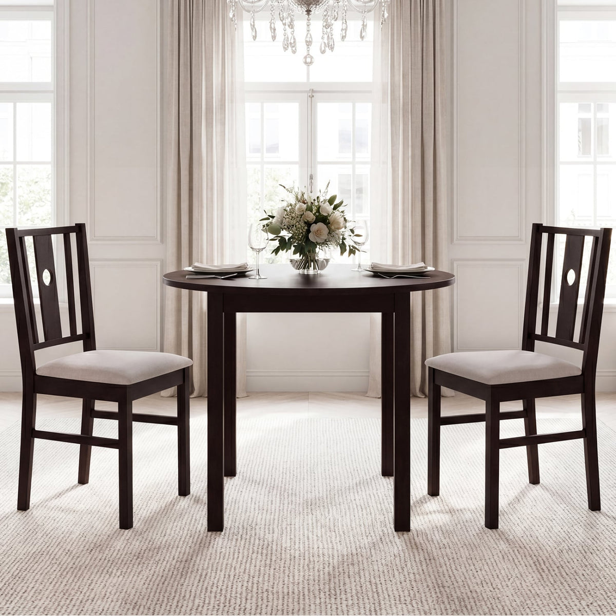 Set of 2 Rubber Wood Kitchen Chairs with Fabric Padded Seat -Coffee-Dining Chairs-DECOROLALA