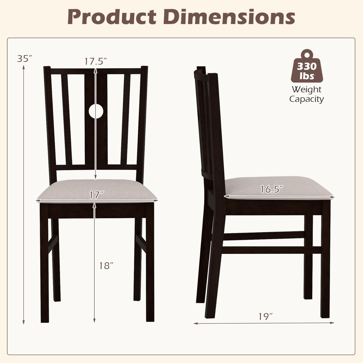 Set of 2 Rubber Wood Kitchen Chairs with Fabric Padded Seat -Coffee-Dining Chairs-DECOROLALA