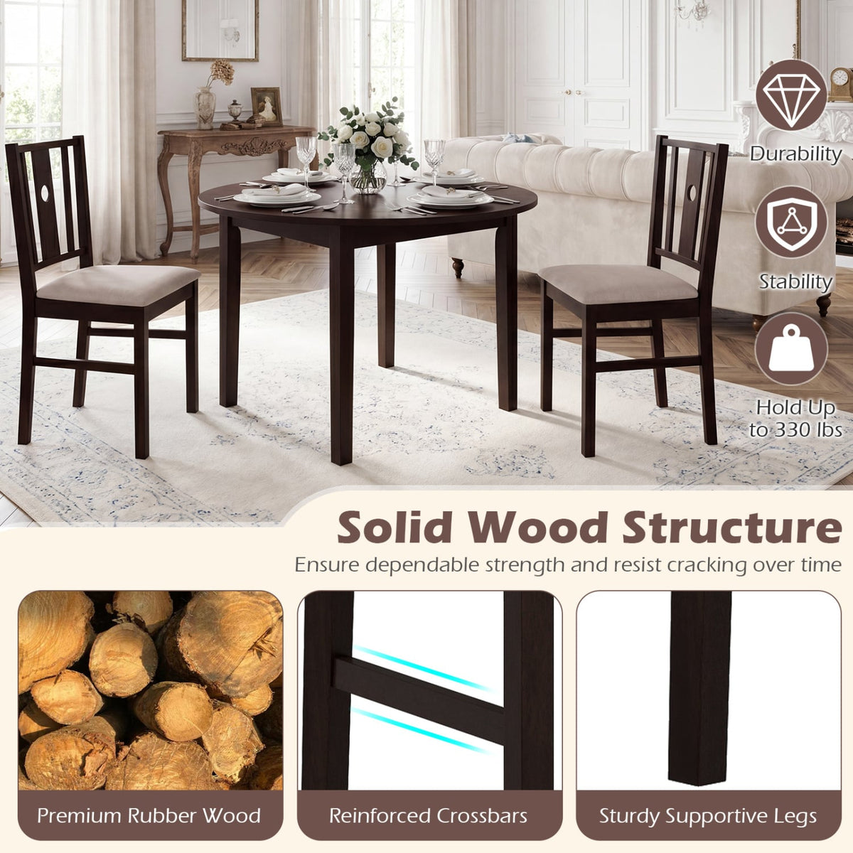 Set of 2 Rubber Wood Kitchen Chairs with Fabric Padded Seat -Coffee-Dining Chairs-DECOROLALA
