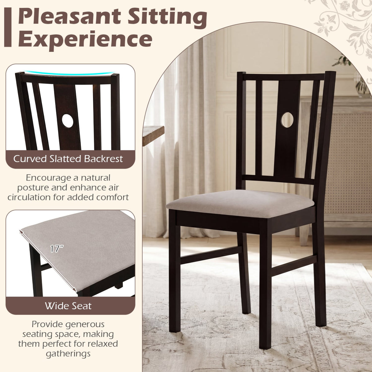 Set of 2 Rubber Wood Kitchen Chairs with Fabric Padded Seat -Coffee-Dining Chairs-DECOROLALA