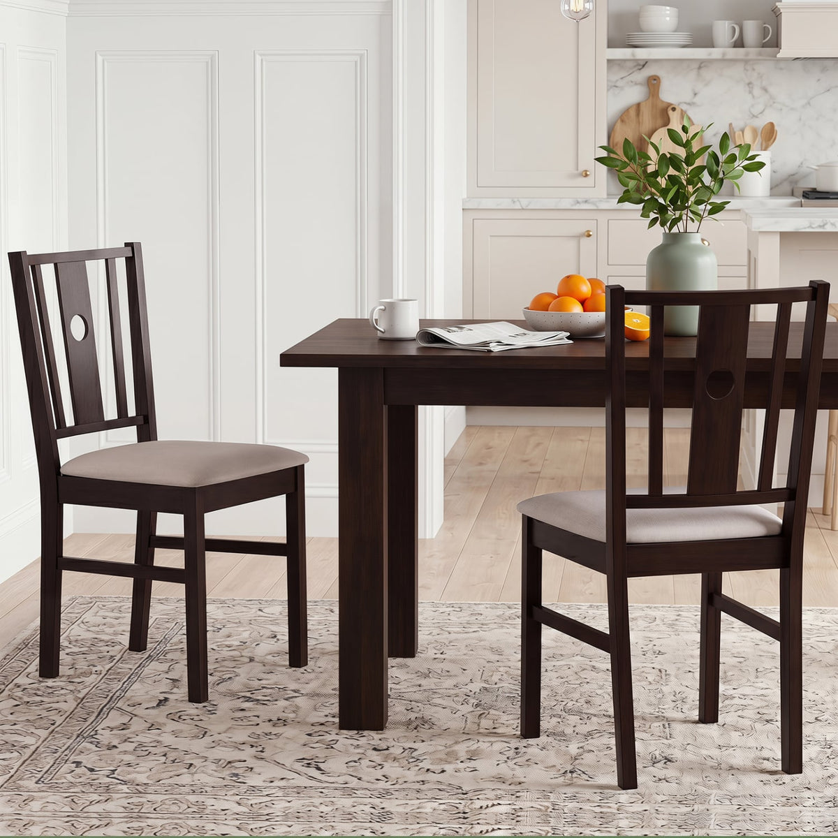 Set of 2 Rubber Wood Kitchen Chairs with Fabric Padded Seat -Coffee-Dining Chairs-DECOROLALA