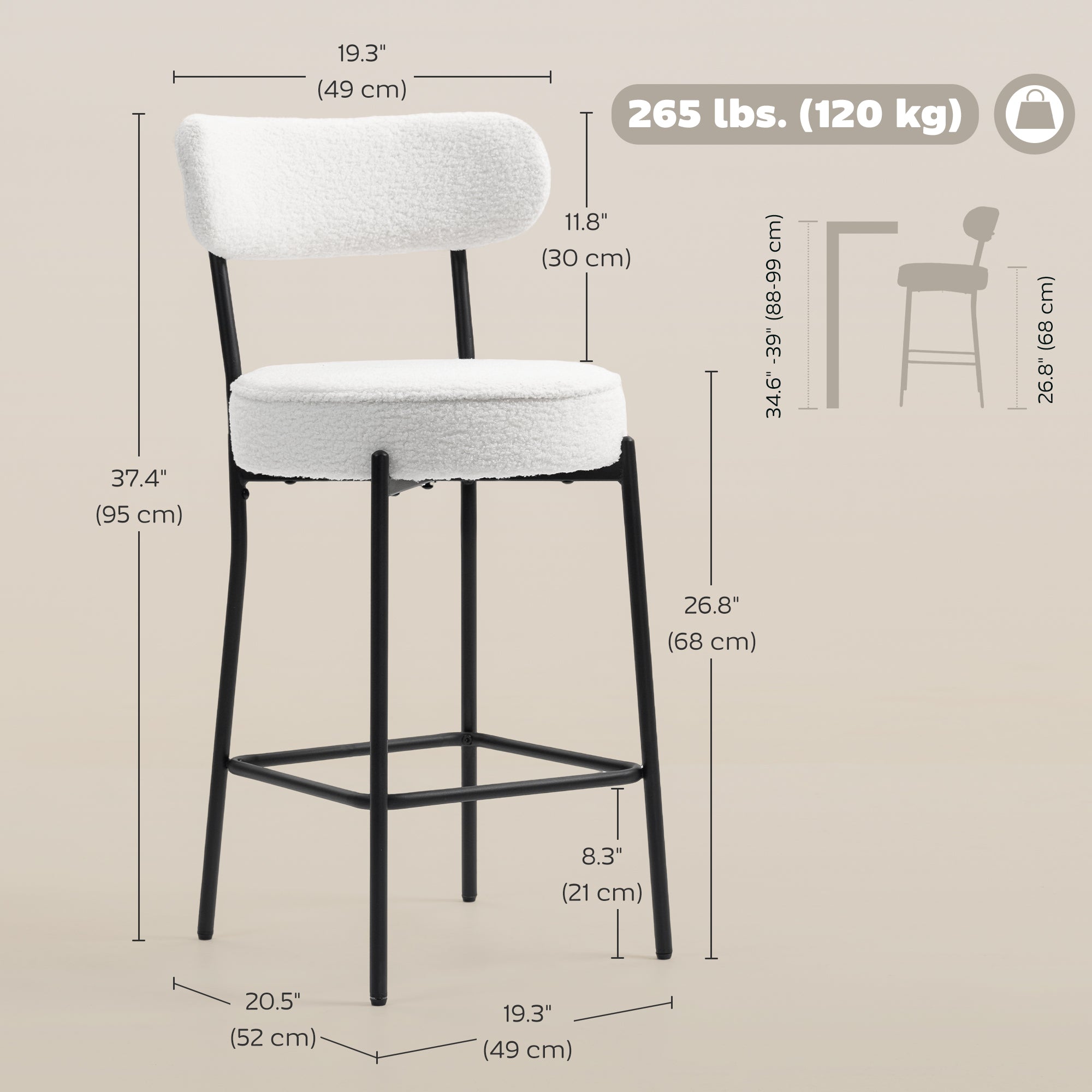 Set of 2 Sherpa Fleece Barstools - Cream White-Home Furnishings > Kitchen & Dining Furniture > Bar Stools-DECOROLALA
