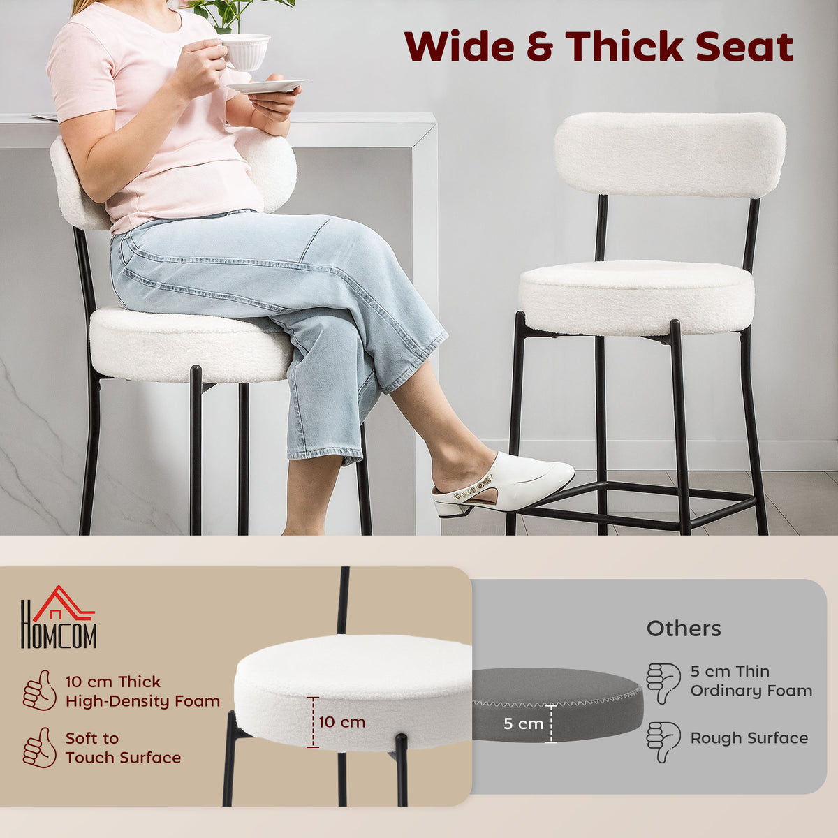 Set of 2 Sherpa Fleece Barstools - Cream White-Home Furnishings > Kitchen & Dining Furniture > Bar Stools-DECOROLALA
