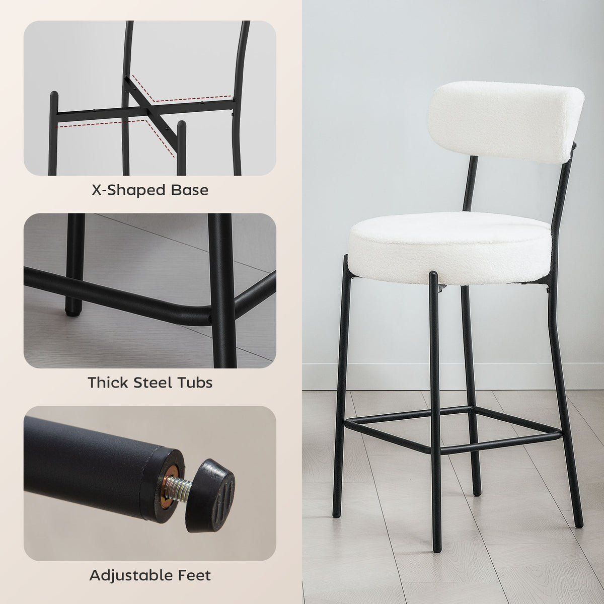 Set of 2 Sherpa Fleece Barstools - Cream White-Home Furnishings > Kitchen & Dining Furniture > Bar Stools-DECOROLALA