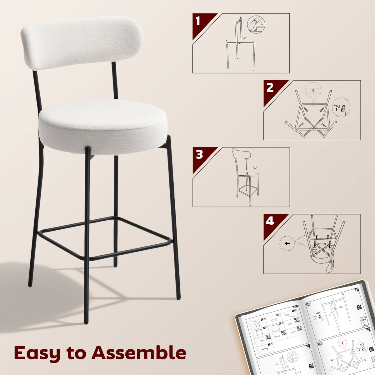 Set of 2 Sherpa Fleece Barstools - Cream White-Home Furnishings > Kitchen & Dining Furniture > Bar Stools-DECOROLALA
