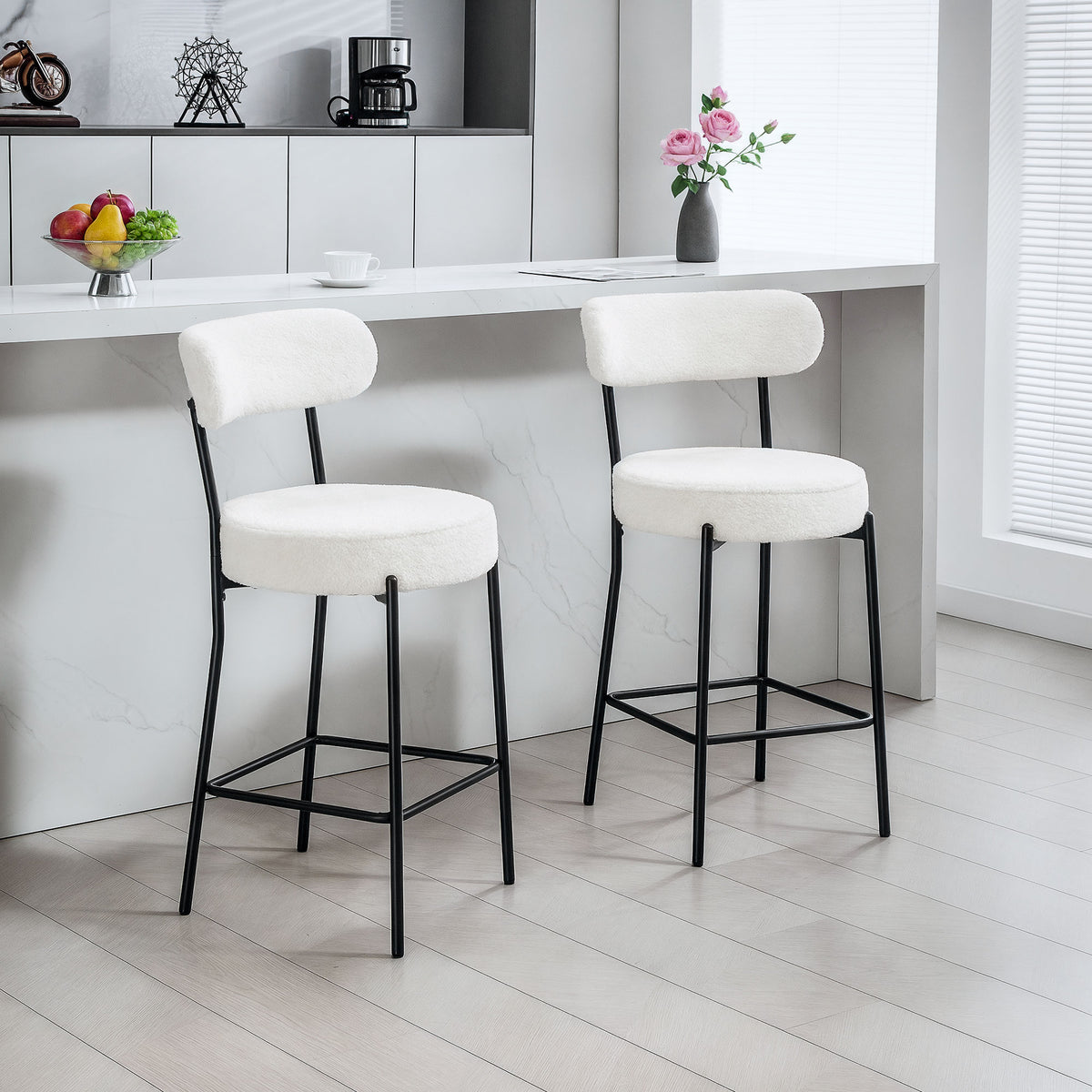 Set of 2 Sherpa Fleece Barstools - Cream White-Home Furnishings > Kitchen & Dining Furniture > Bar Stools-DECOROLALA