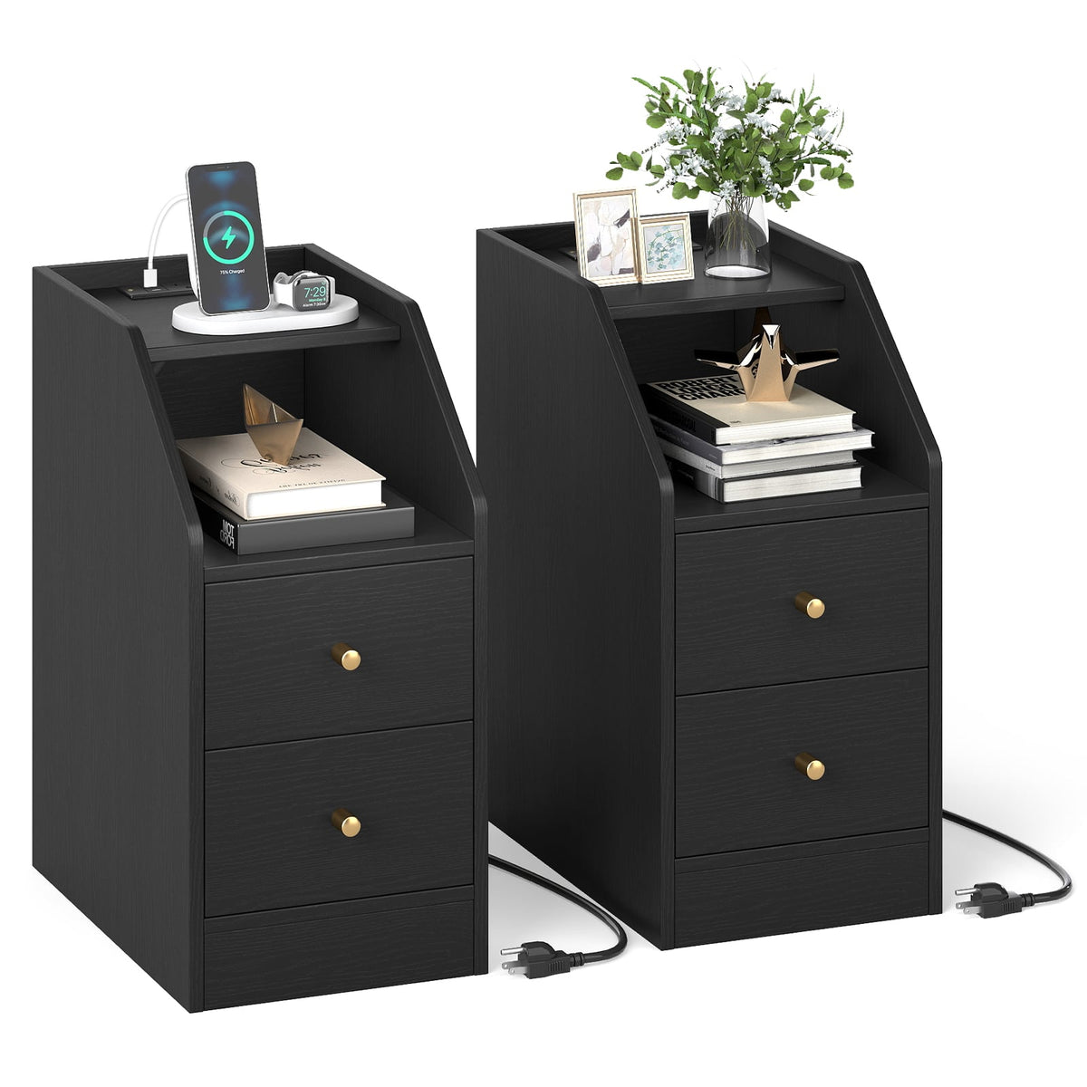 Set of 2 Side End Tables with Charging Station Sofa Couch Tables with Shelf Drawers-Black-End & Side Tables-DECOROLALA