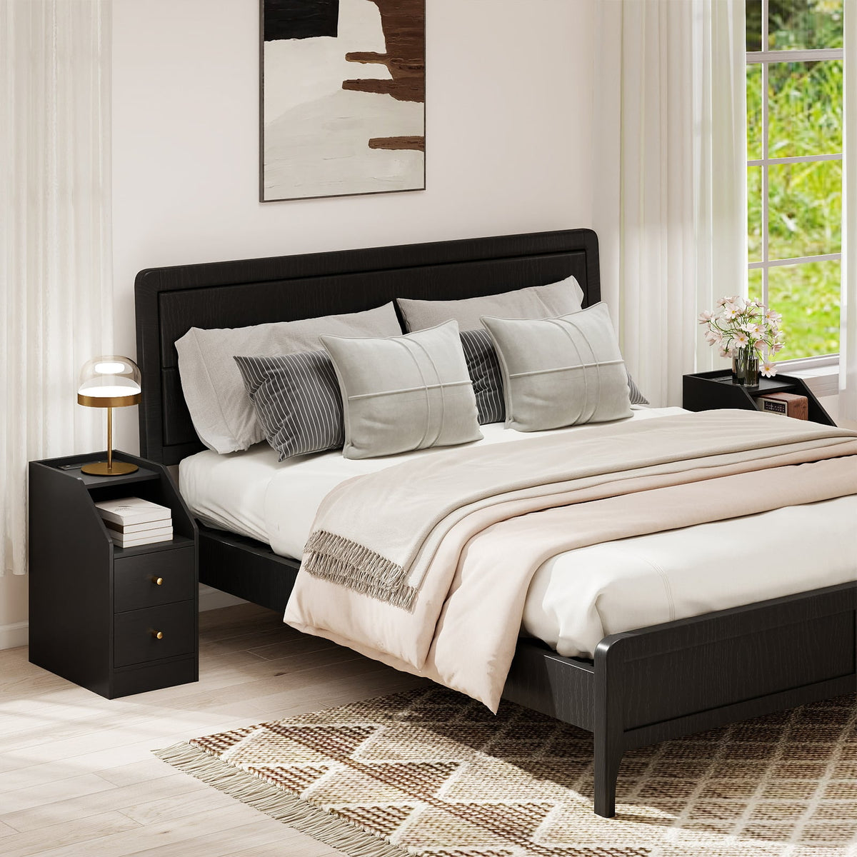 Set of 2 Side End Tables with Charging Station Sofa Couch Tables with Shelf Drawers-Black-End & Side Tables-DECOROLALA