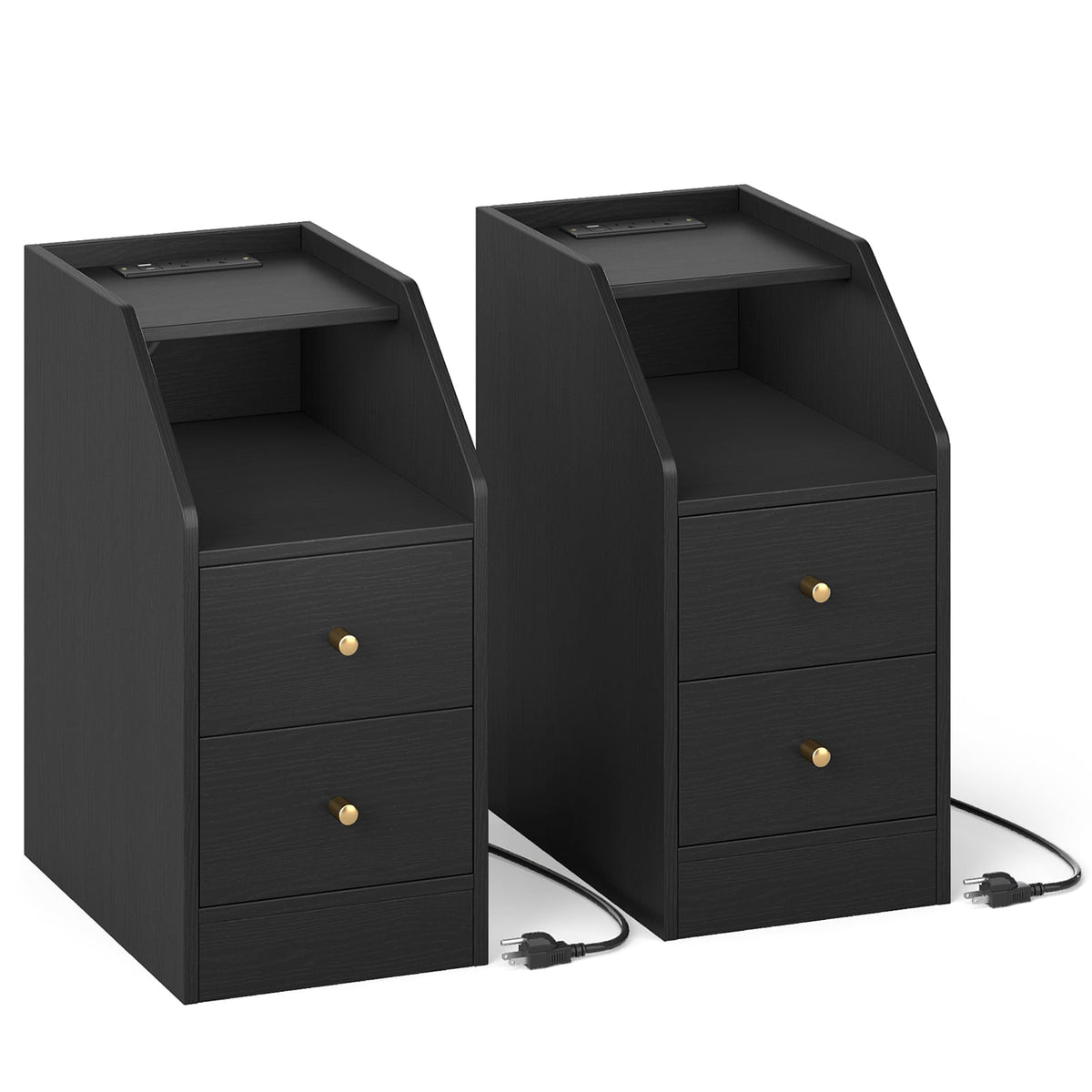Set of 2 Side End Tables with Charging Station Sofa Couch Tables with Shelf Drawers-Black-End & Side Tables-DECOROLALA
