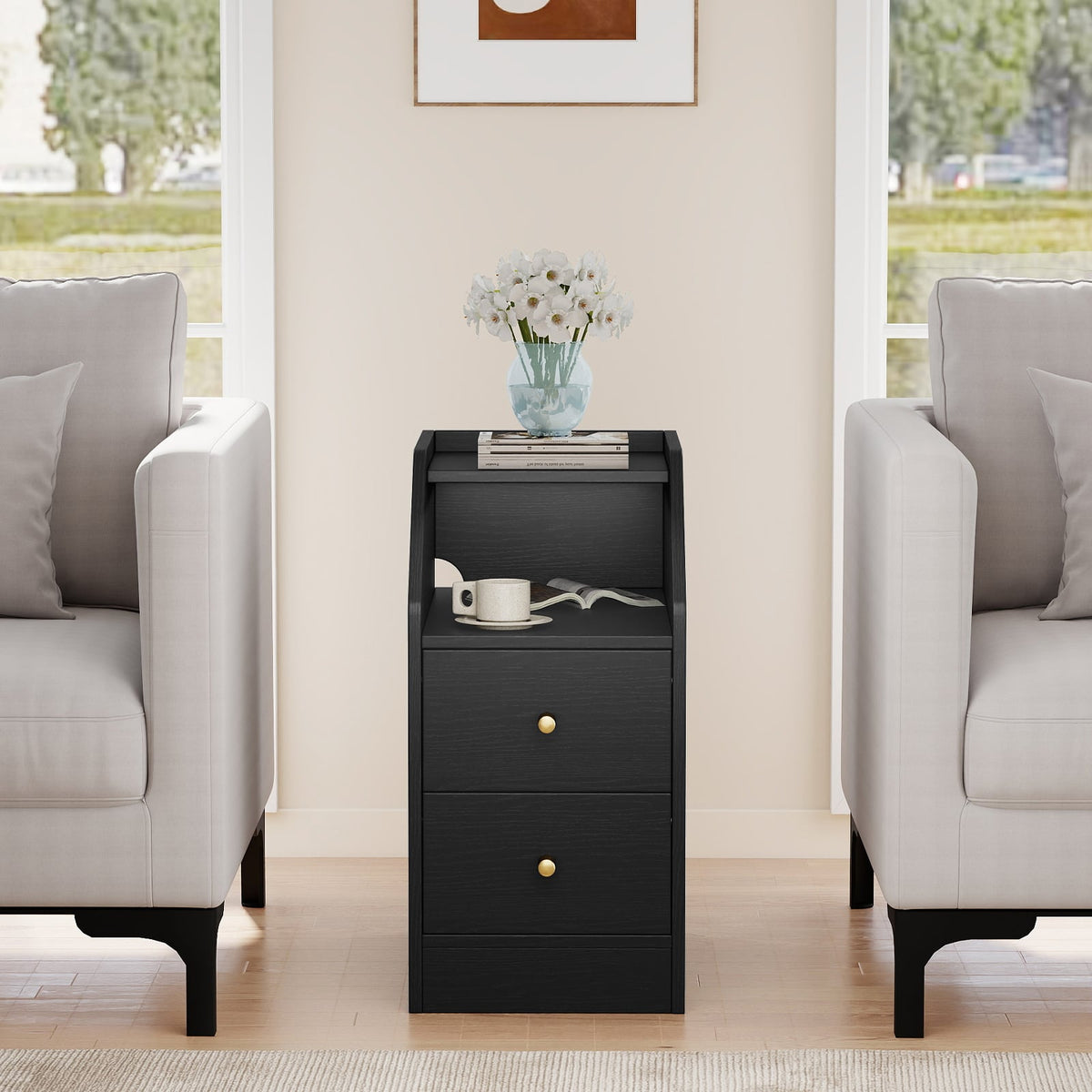 Set of 2 Side End Tables with Charging Station Sofa Couch Tables with Shelf Drawers-Black-End & Side Tables-DECOROLALA