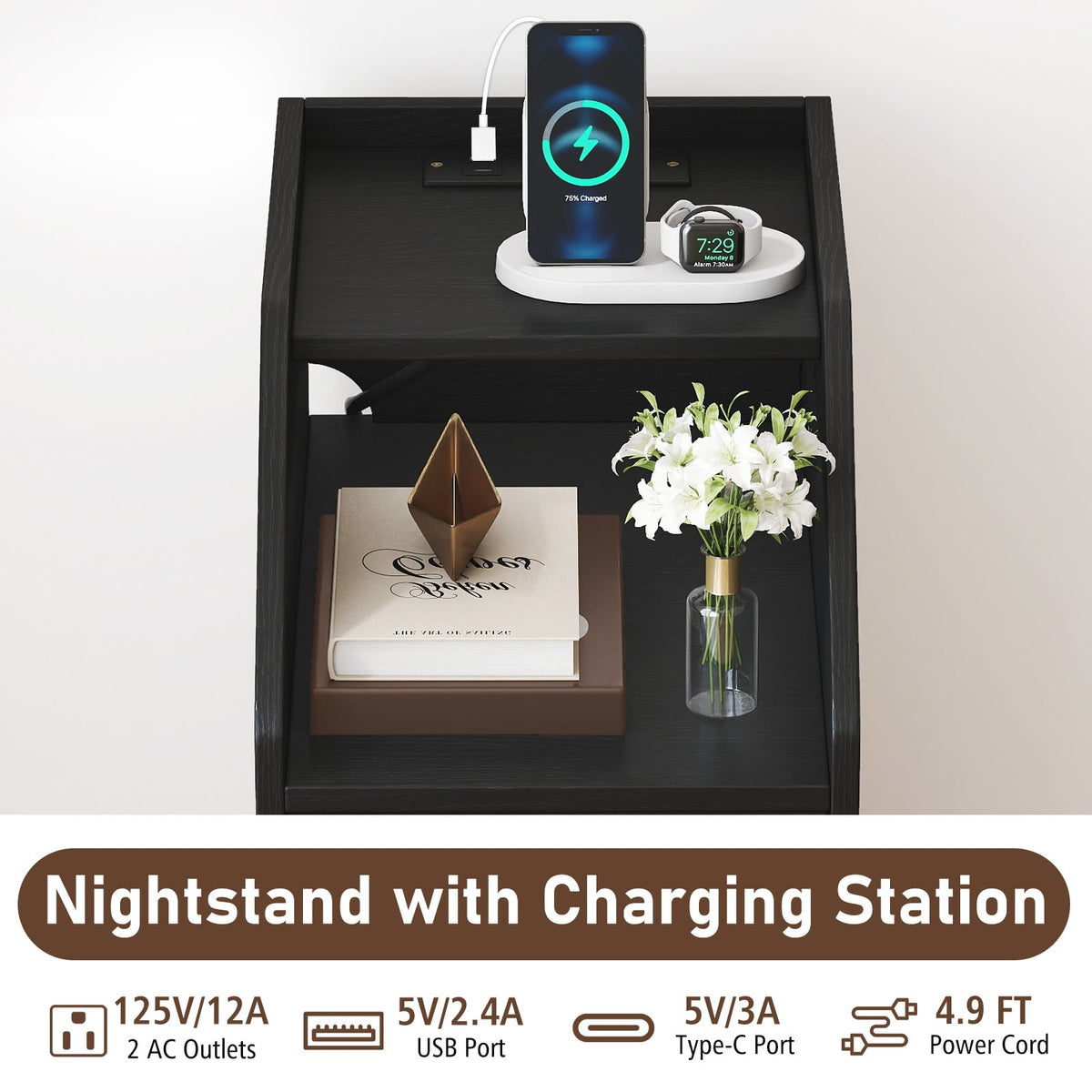 Set of 2 Side End Tables with Charging Station Sofa Couch Tables with Shelf Drawers-Black-End & Side Tables-DECOROLALA