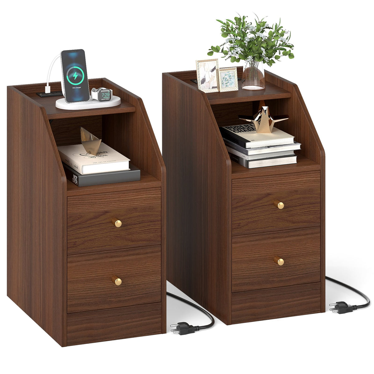 Set of 2 Side End Tables with Charging Station Sofa Couch Tables with Shelf Drawers-Walnut-End & Side Tables-DECOROLALA