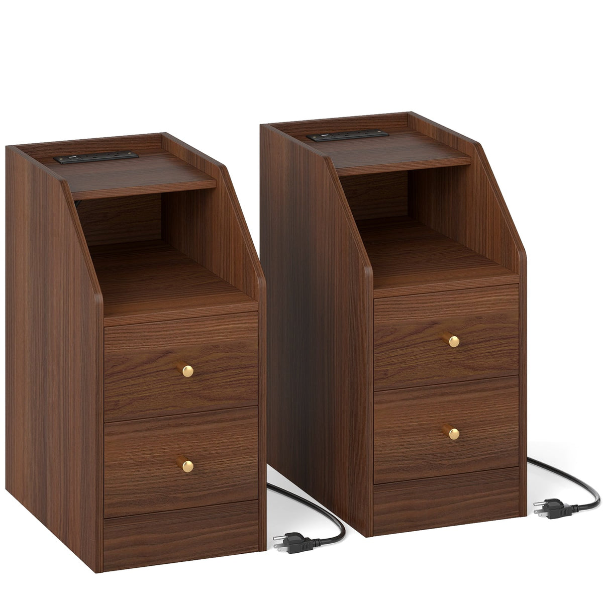 Set of 2 Side End Tables with Charging Station Sofa Couch Tables with Shelf Drawers-Walnut-End & Side Tables-DECOROLALA