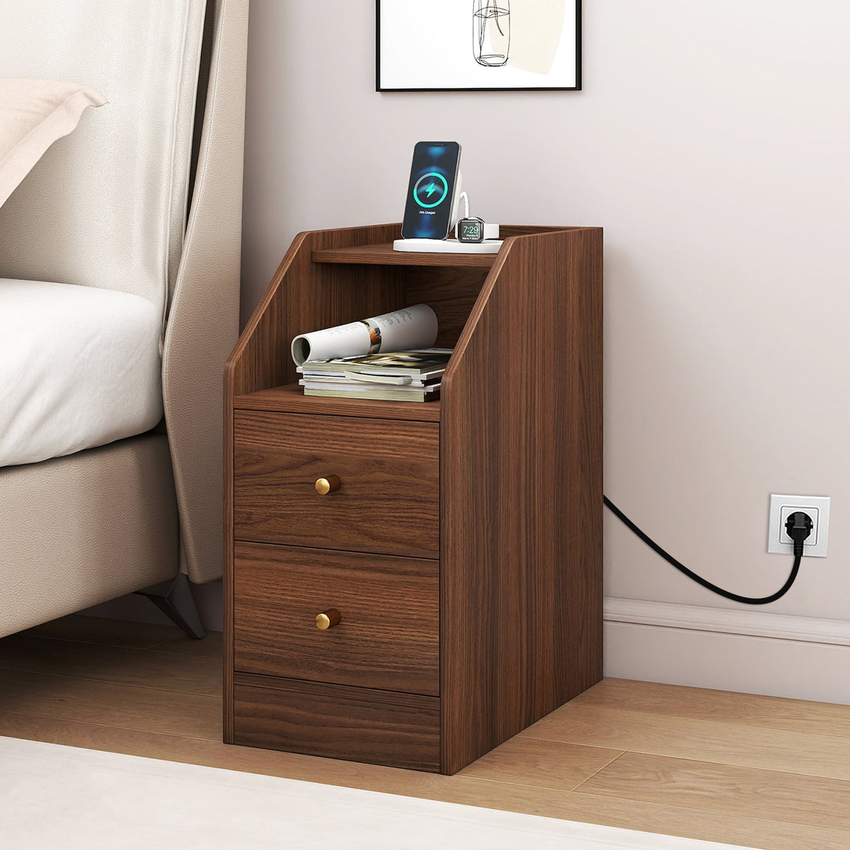 Set of 2 Side End Tables with Charging Station Sofa Couch Tables with Shelf Drawers-Walnut-End & Side Tables-DECOROLALA