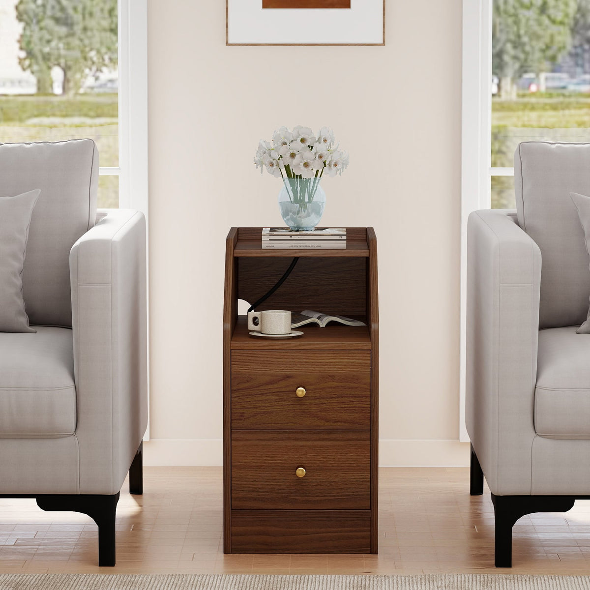 Set of 2 Side End Tables with Charging Station Sofa Couch Tables with Shelf Drawers-Walnut-End & Side Tables-DECOROLALA