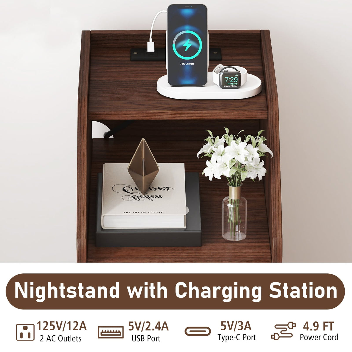 Set of 2 Side End Tables with Charging Station Sofa Couch Tables with Shelf Drawers-Walnut-End & Side Tables-DECOROLALA