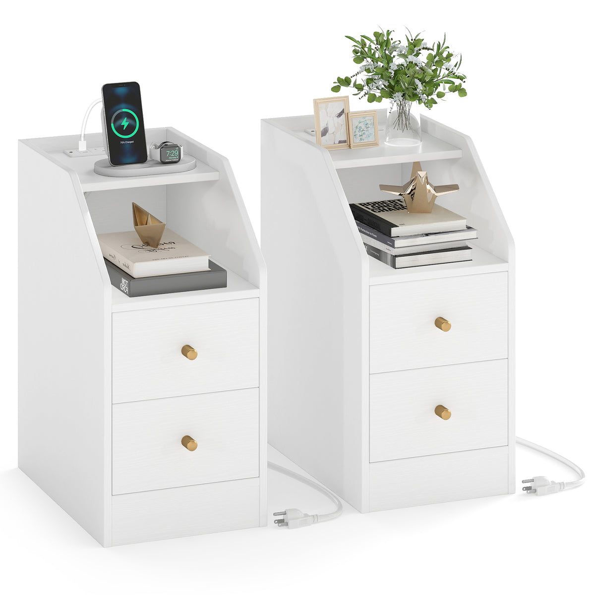 Set of 2 Side End Tables with Charging Station Sofa Couch Tables with Shelf Drawers-White-End & Side Tables-DECOROLALA