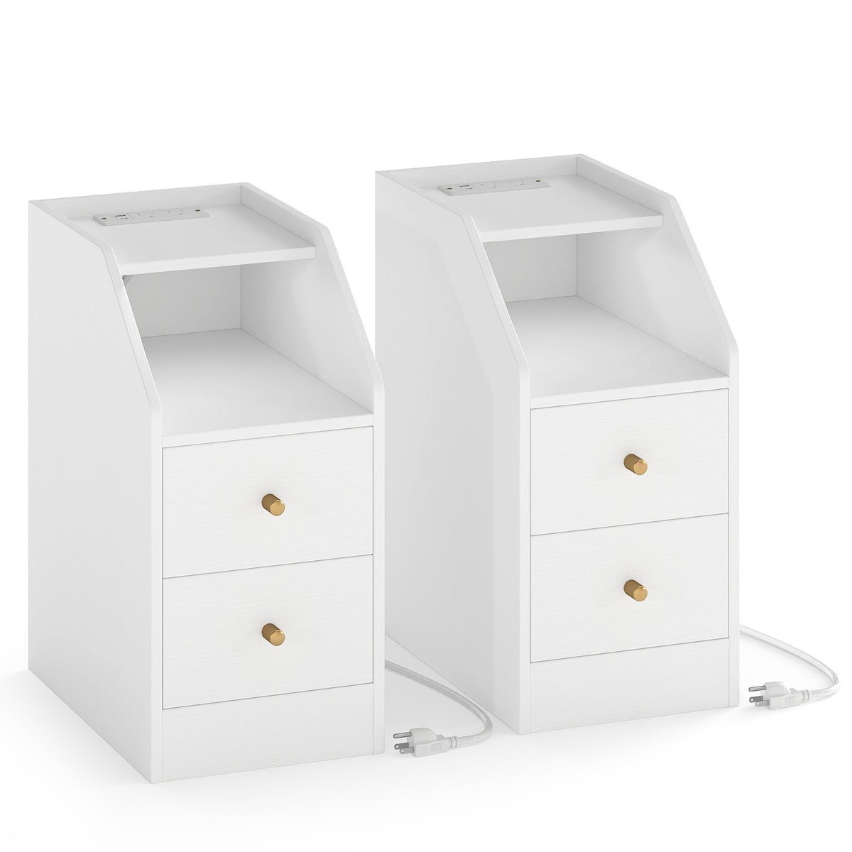 Set of 2 Side End Tables with Charging Station Sofa Couch Tables with Shelf Drawers-White-End & Side Tables-DECOROLALA