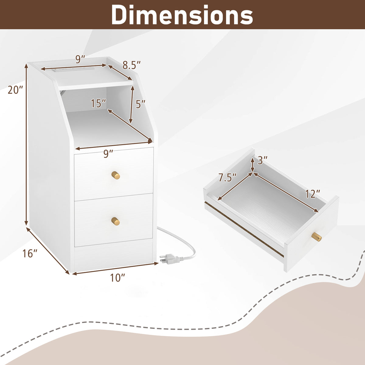 Set of 2 Side End Tables with Charging Station Sofa Couch Tables with Shelf Drawers-White-End & Side Tables-DECOROLALA