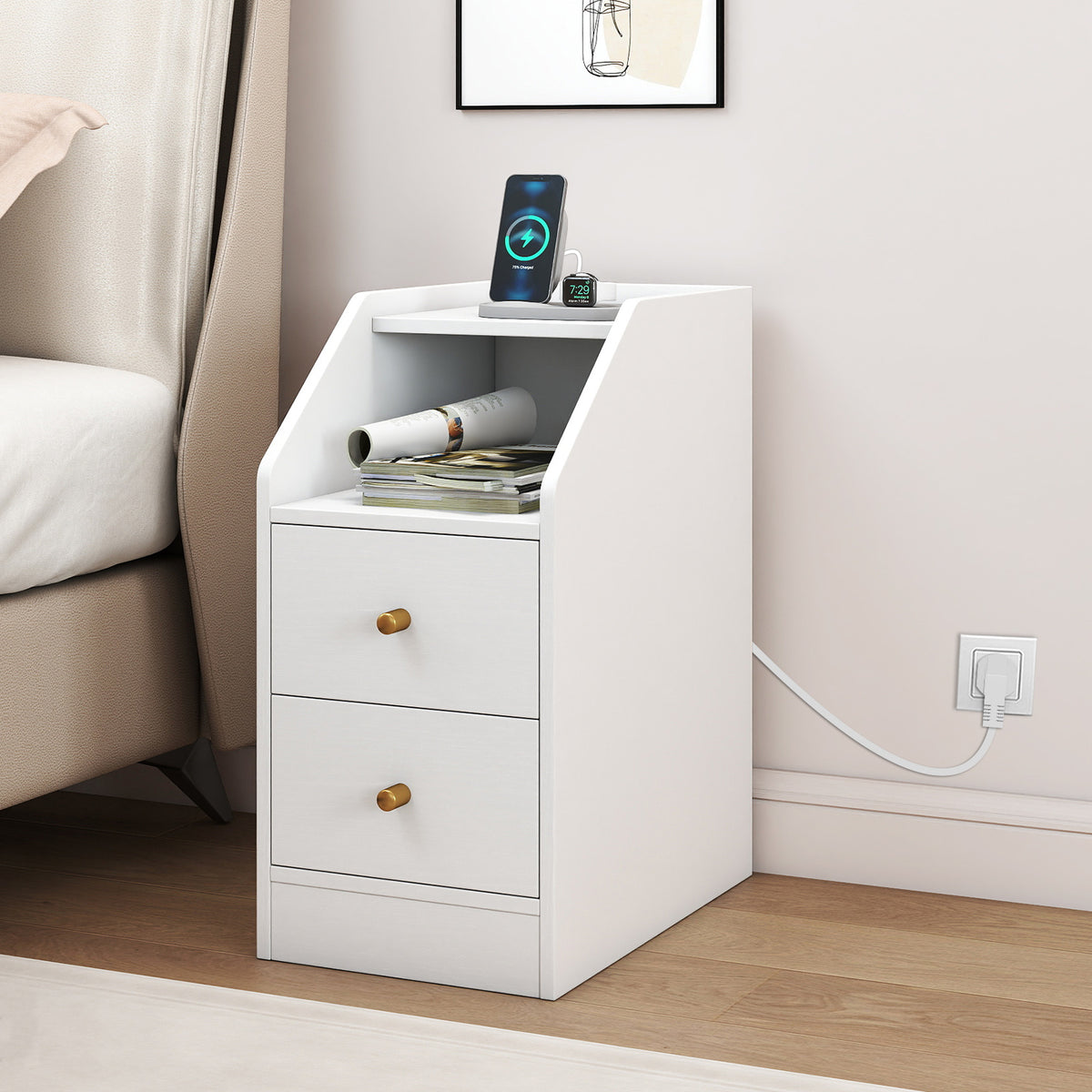 Set of 2 Side End Tables with Charging Station Sofa Couch Tables with Shelf Drawers-White-End & Side Tables-DECOROLALA