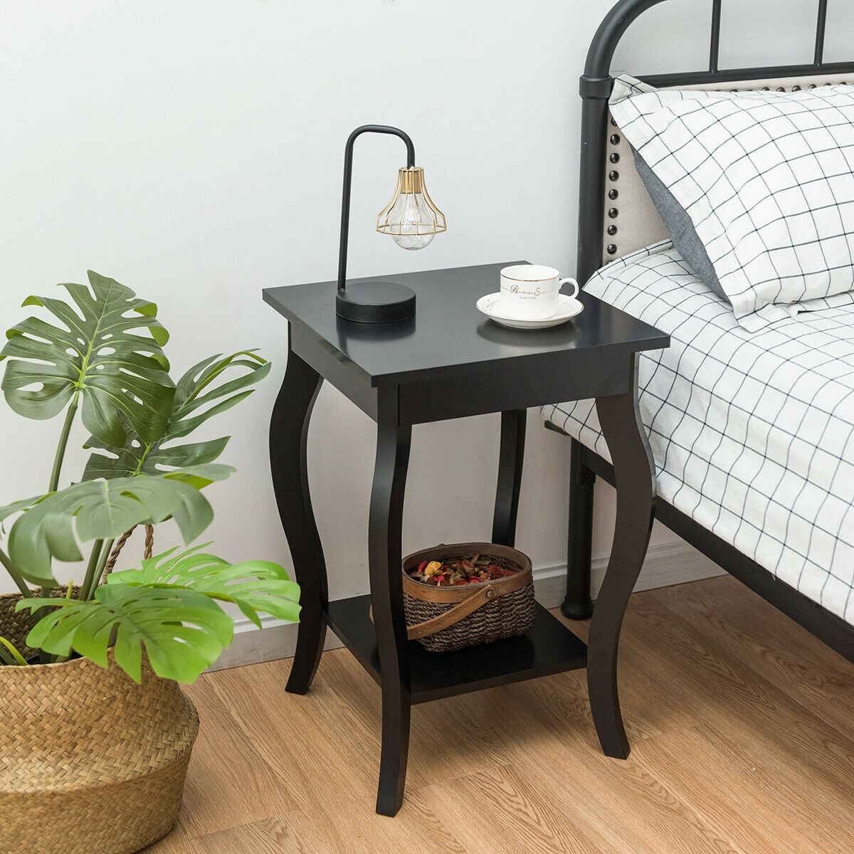 Set of 2 Side Table End Table Night Stand with Shelf-Black-End & Side Tables-DECOROLALA