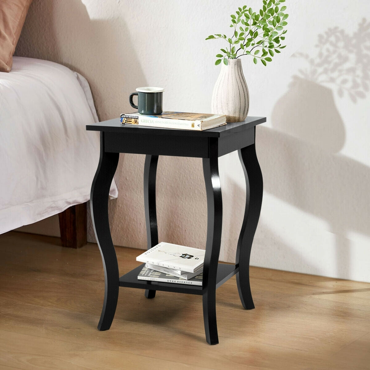 Set of 2 Side Table End Table Night Stand with Shelf-Black-End & Side Tables-DECOROLALA