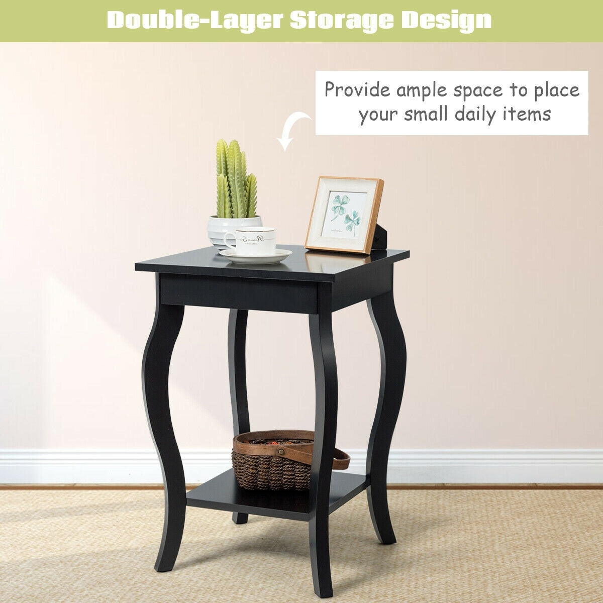 Set of 2 Side Table End Table Night Stand with Shelf-Black-End & Side Tables-DECOROLALA