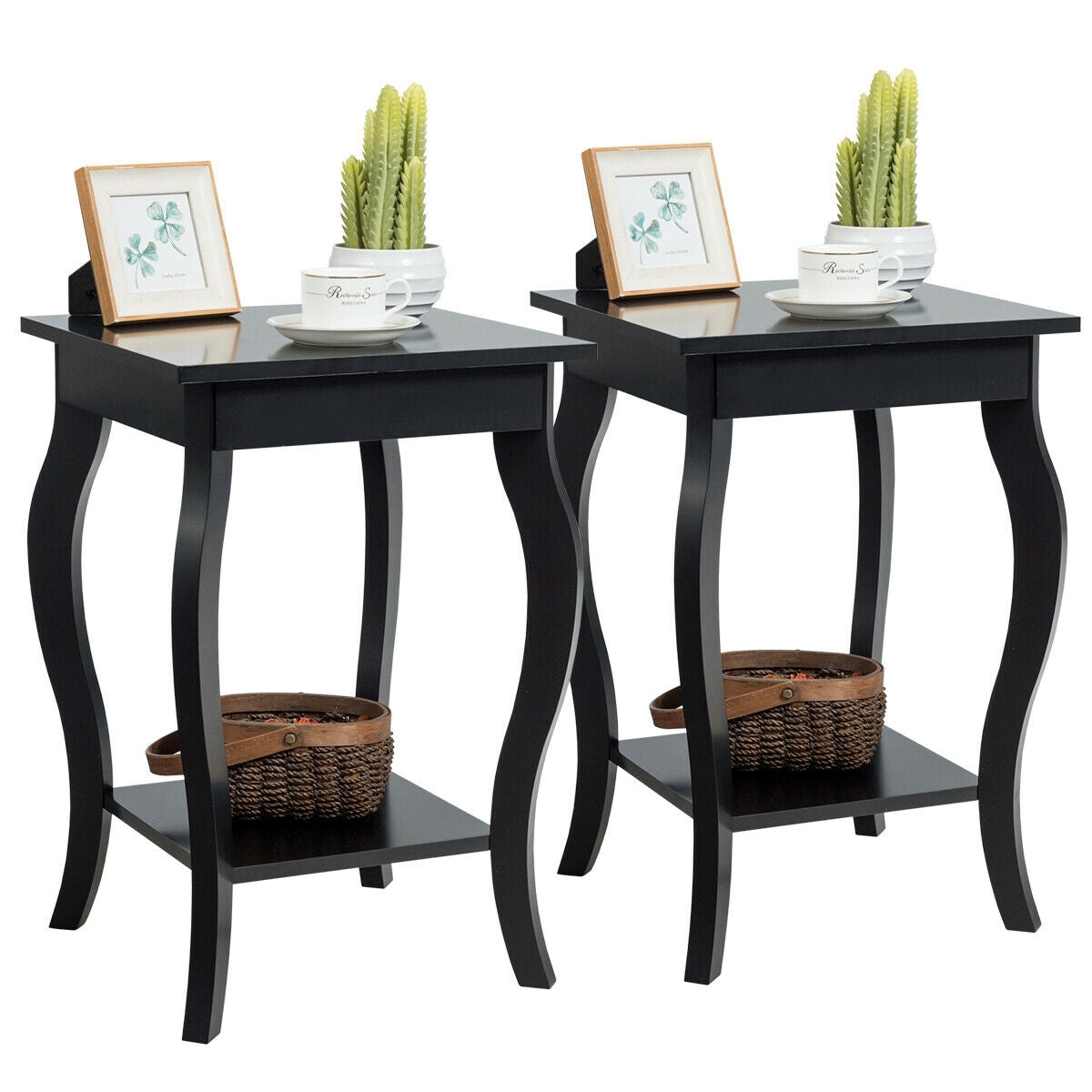 Set of 2 Side Table End Table Night Stand with Shelf-Black-End & Side Tables-DECOROLALA