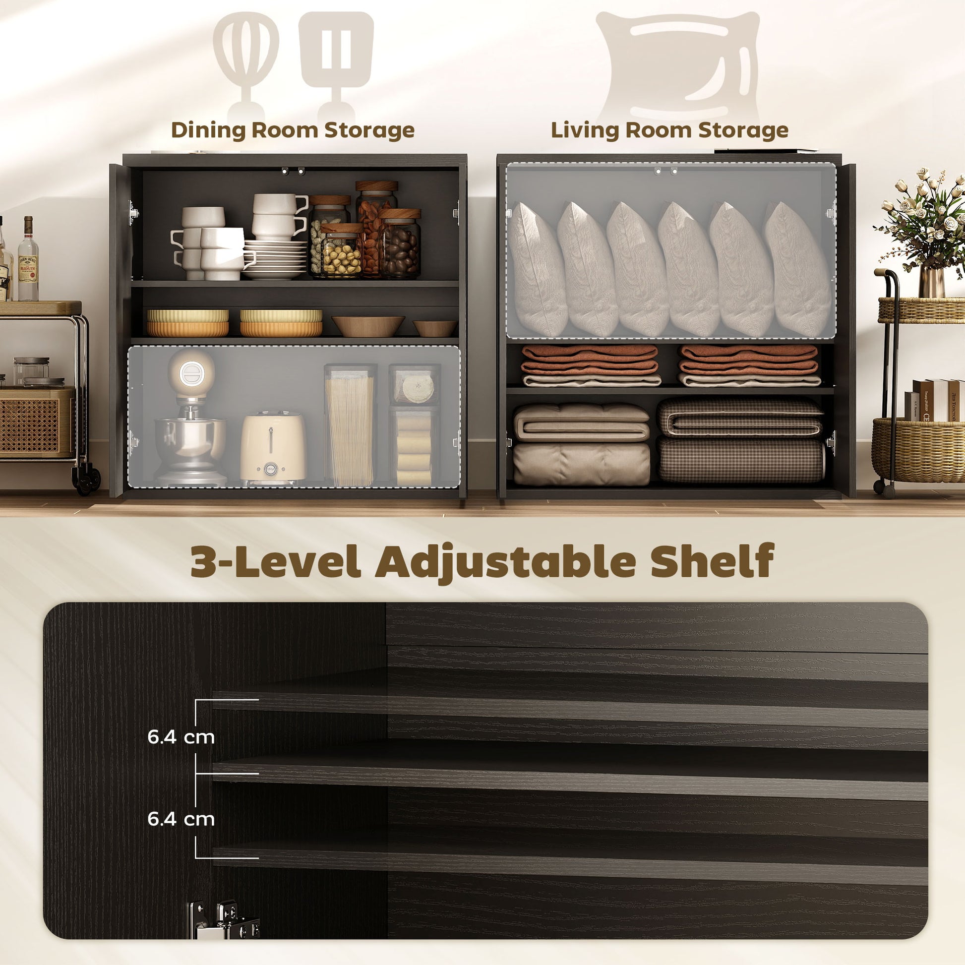 Set of 2 Sideboard Buffet Cabinets - Distressed Black Grey-DECOROLALA