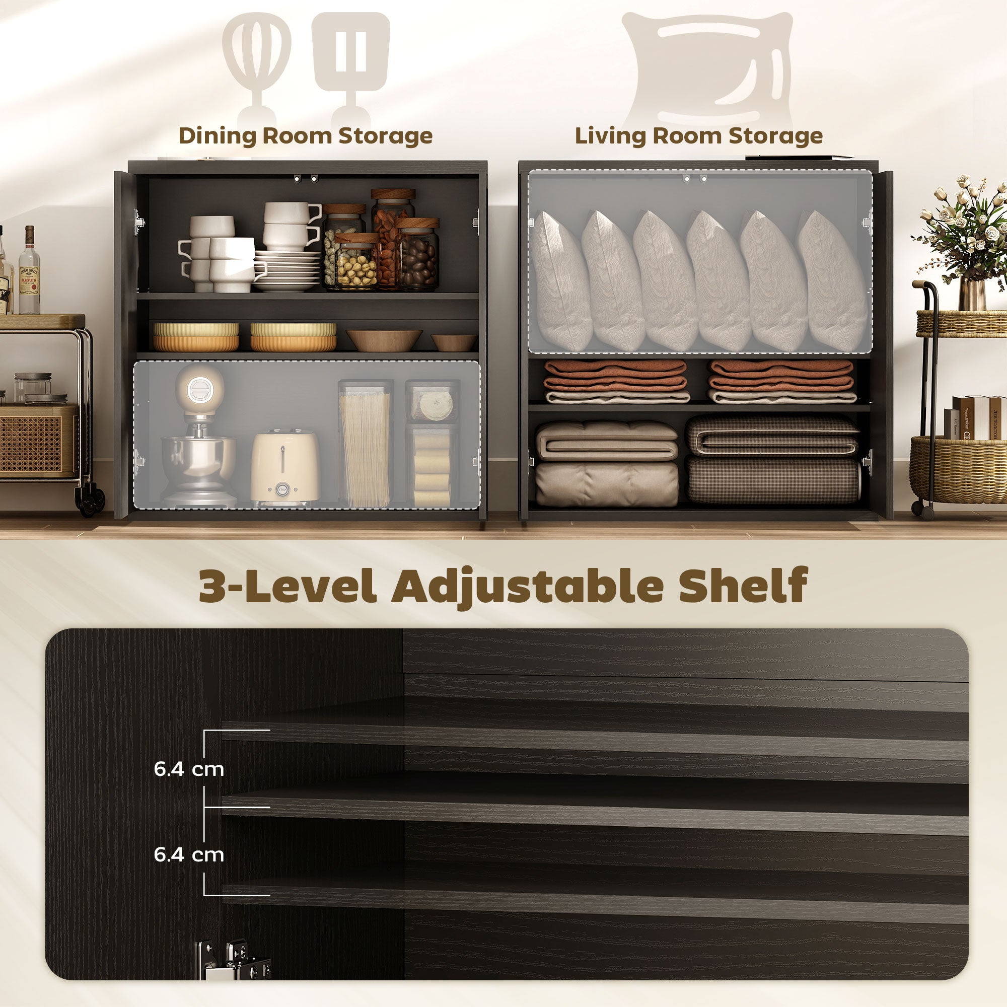 Set of 2 Sideboard Buffet Cabinets - Distressed Black Grey-DECOROLALA