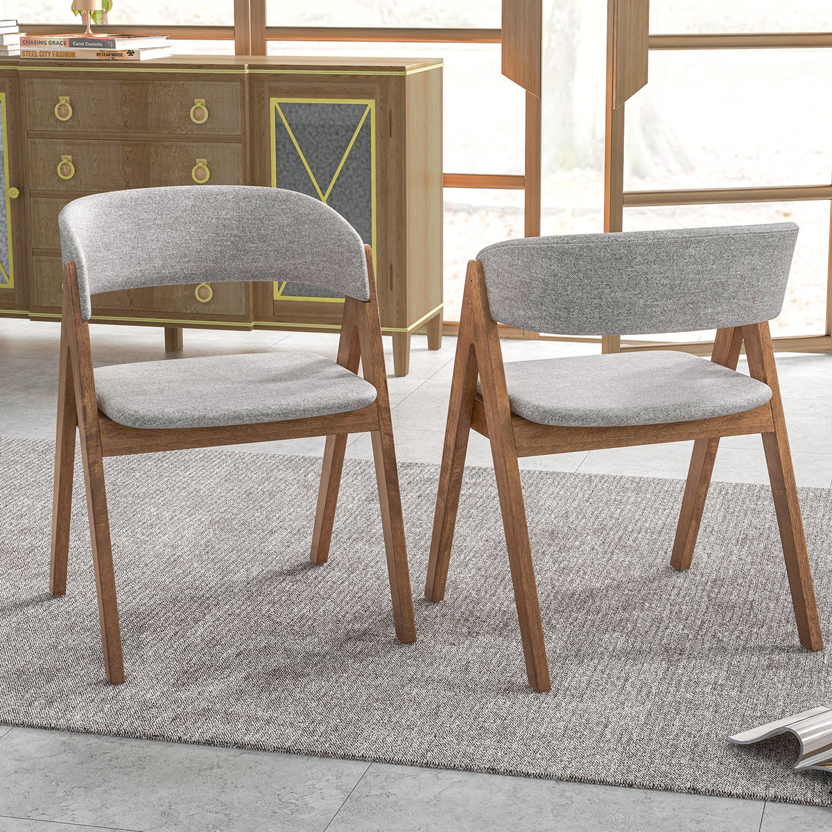 Set of 2 Soft Padded Accent Armchairs for Dining Room-Walnut and Grey-Dining Chairs-DECOROLALA