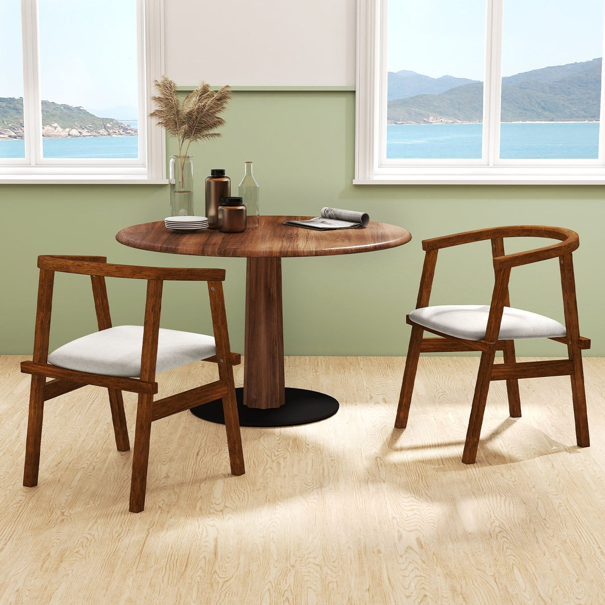 Set of 2 Solid Rubber Wood Dining Room Chairs with Wrap-around Armrest-Walnut-Dining Chairs-DECOROLALA