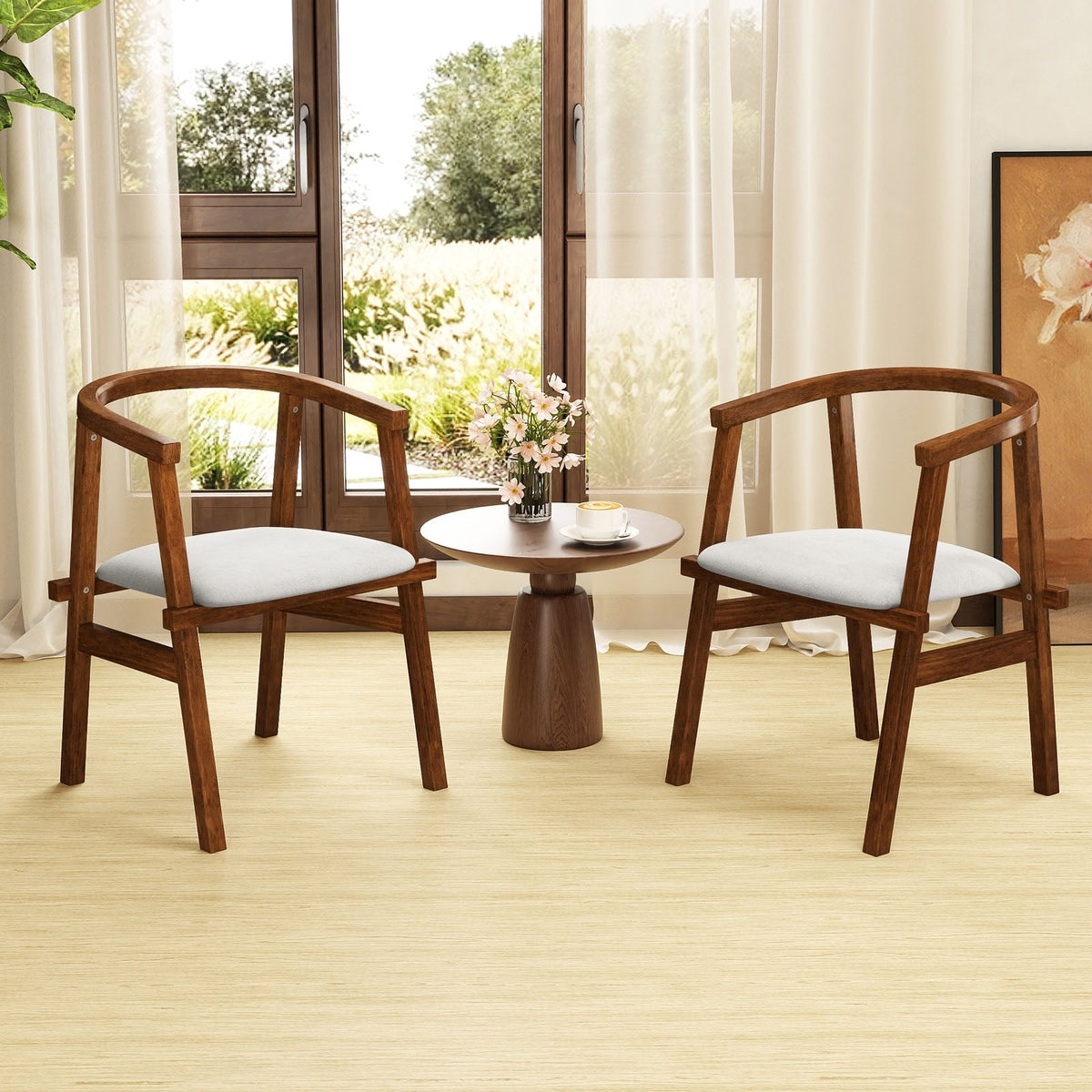 Set of 2 Solid Rubber Wood Dining Room Chairs with Wrap-around Armrest-Walnut-Dining Chairs-DECOROLALA