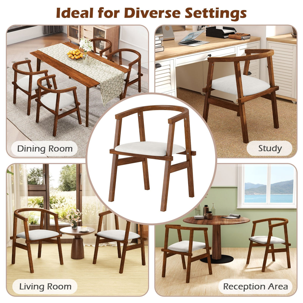 Set of 2 Solid Rubber Wood Dining Room Chairs with Wrap-around Armrest-Walnut-Dining Chairs-DECOROLALA