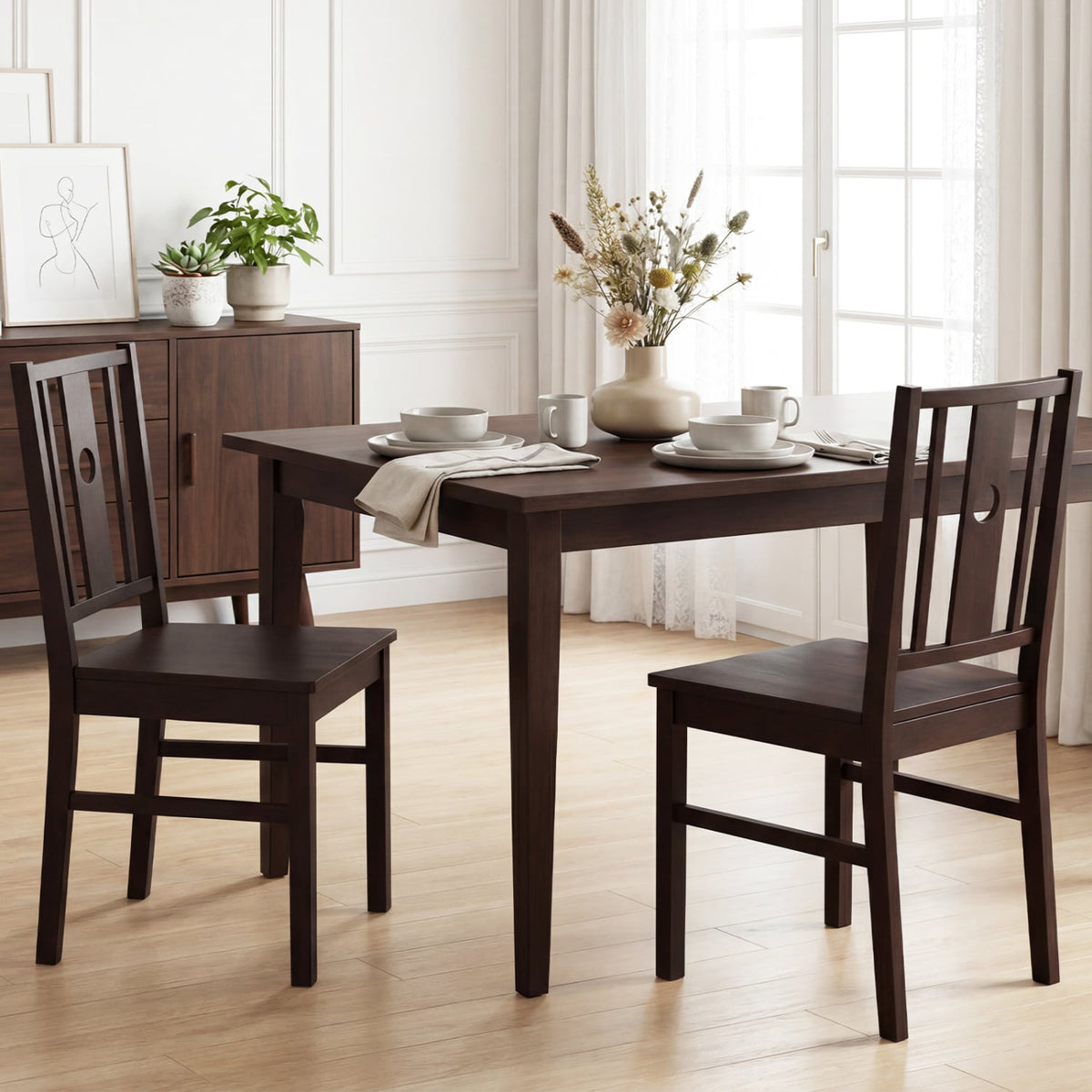 Set of 2 Solid Rubber Wood Kitchen Chairs with Slatted Curved Backrest-Coffee-Dining Chairs-DECOROLALA