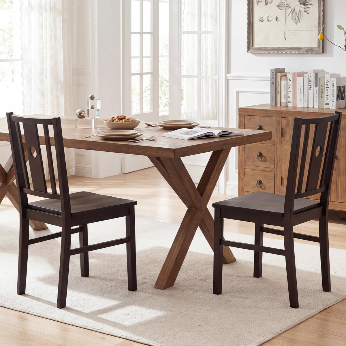 Set of 2 Solid Rubber Wood Kitchen Chairs with Slatted Curved Backrest-Coffee-Dining Chairs-DECOROLALA