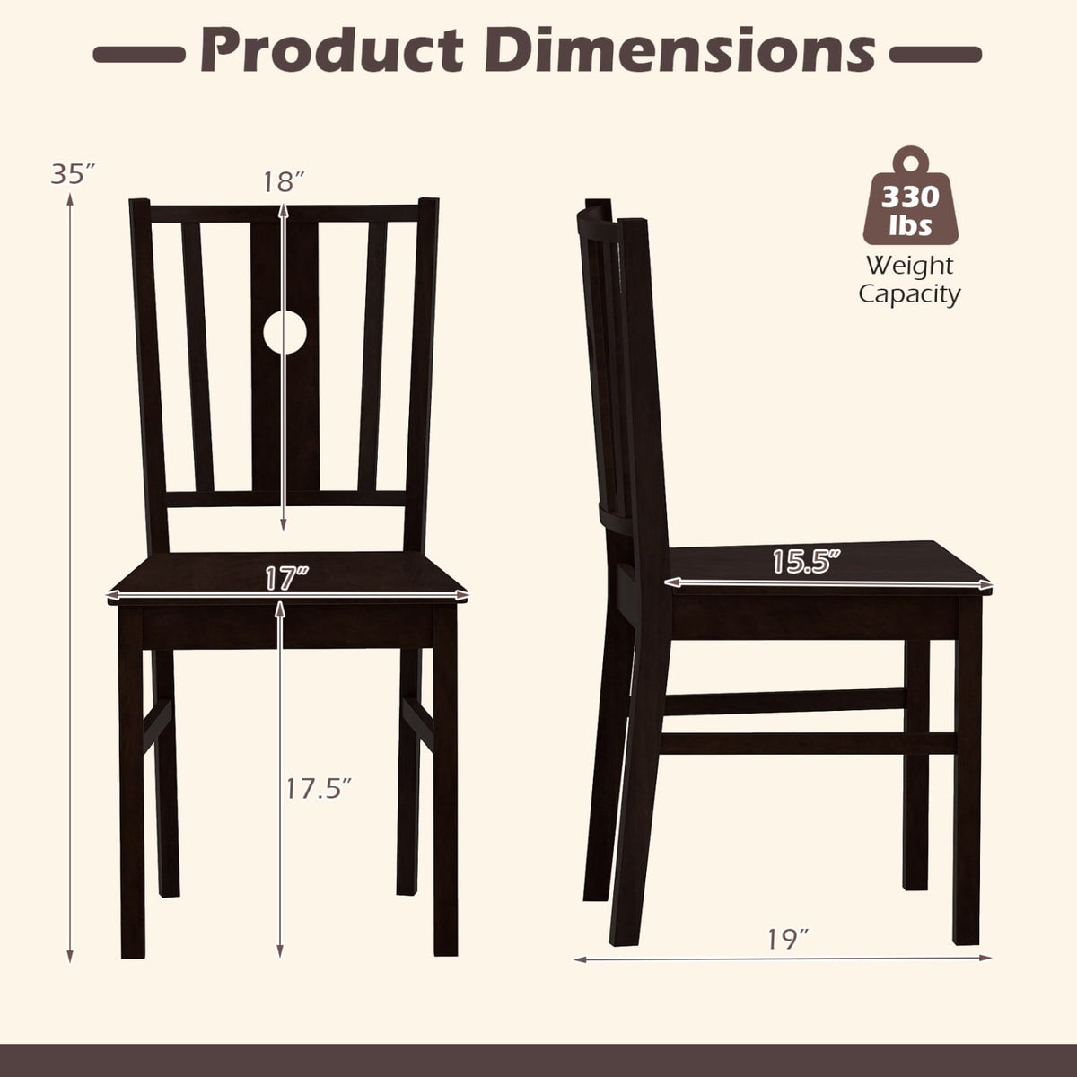 Set of 2 Solid Rubber Wood Kitchen Chairs with Slatted Curved Backrest-Coffee-Dining Chairs-DECOROLALA