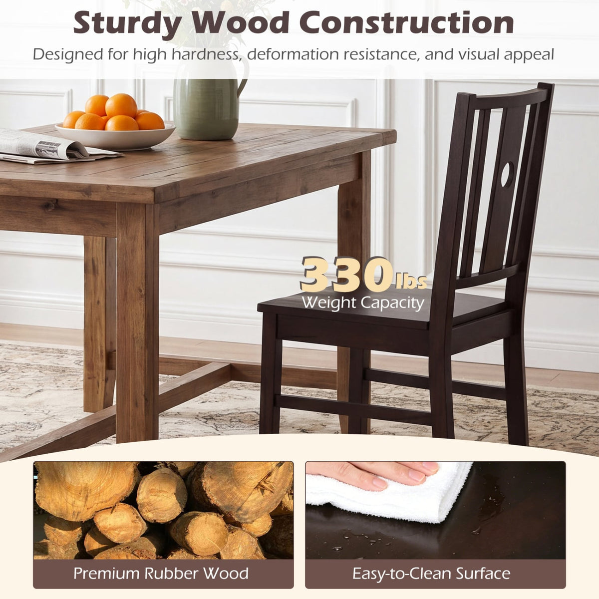 Set of 2 Solid Rubber Wood Kitchen Chairs with Slatted Curved Backrest-Coffee-Dining Chairs-DECOROLALA