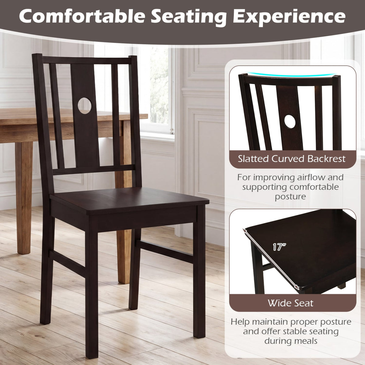 Set of 2 Solid Rubber Wood Kitchen Chairs with Slatted Curved Backrest-Coffee-Dining Chairs-DECOROLALA
